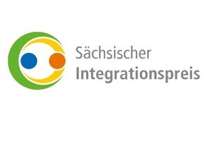 Logo des Sächsischen Integrationspreises: drei bunte Kreise in einem grünen Kreis mit Schriftzug