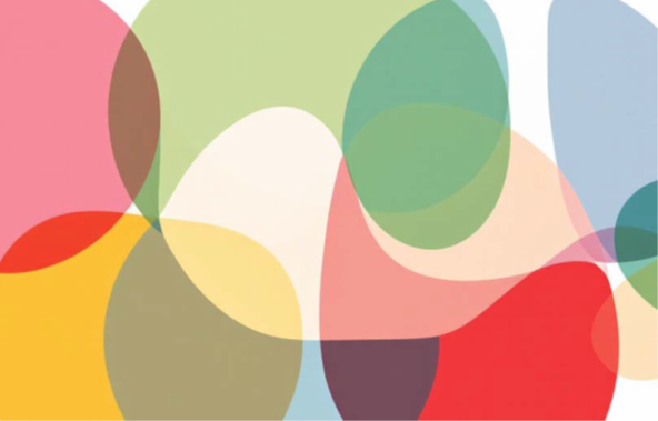 Deckblattbild des Integrationsberichtes, Grafik auf bunten Kreisen und Elipsen